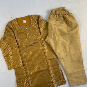 Semi-Silk Yellow and Golden Undertone Kurta Set for Boys - 5T | Round Neck with Golden Buttons | Dull Golden Pajama with Elastic Included