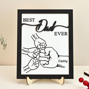 Father&#39;s Day Gift, Fist Bump Dad and Kids Framed Sign, Custom Family Wooden Sign with Dad&#39;s Children Names, Fathers Day Keepsake, Home Decor