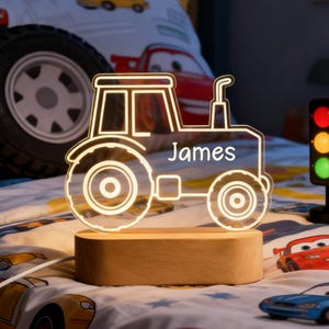 Luz de noche para niños con nombre, luz de tractor, luz de dinosaurio, decoración para dormitorio de bebé, regalo de primer cumpleaños, regalo de bautizo para hijo.