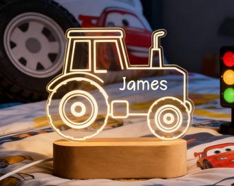 Luz de noche para niños con nombre, luz de tractor, luz de dinosaurio, decoración para dormitorio de bebé, regalo de primer cumpleaños, regalo de bautizo para hijo.