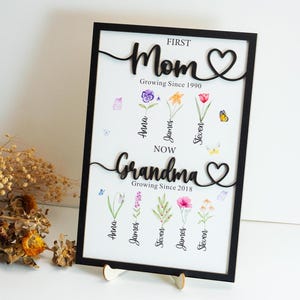 Grandparents Gift Personalized Flower Birth Month Garden Wooden Sign Frame, Mothers Day Gift for Mum, Nana, Nanny,First Mum Now Grandma Gift