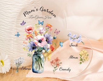Plaque jardin de maman, plaque acrylique coeur personnalisée, cadeau d'anniversaire pour maman, grand-mère, belle-mère, plaque à imprimé bouquet, cadeau d'une fille et d'un fils