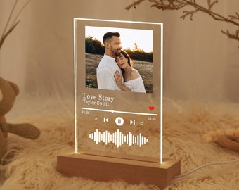 Veilleuse musicale LED personnalisée, cadre photo, plaque de couverture d'album, veilleuse musicale, lampe de nuit nom photo, cadeau d'anniversaire de mariage