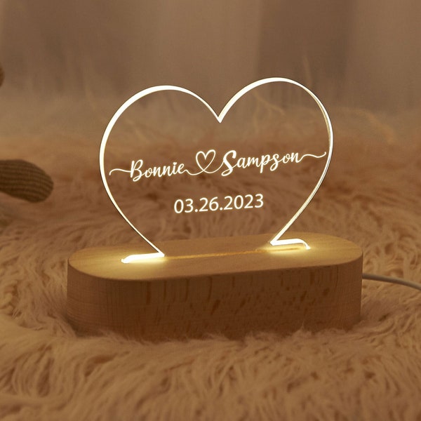 Veilleuse pour couple personnalisée,Veilleuse avec nom personnalisé,Lampe LED coeur,Cadeau d'anniversaire,Cadeau de fiançailles pour elle,Cadeaux uniques pour couple