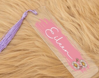 Birth Flower Bookmark, Bookmark for Mom, Personalized Bookmark, Gift For Her, Grandma Gift, Clear Acrylic Birth Flower Bookmark with Tassel