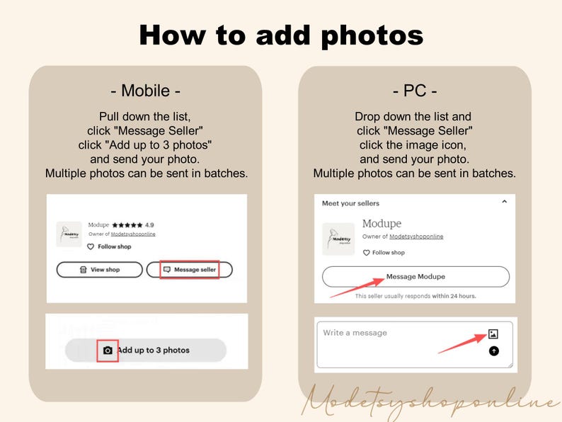 May include: Instructions on adding photos via mobile and PC are displayed. The text guides users to click "Message Seller" and the image icon. The shop name "Modupe" is also visible in the image.