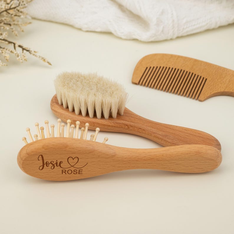 Wooden Baby Hairbrush Set, Custom Gift for Newborn Girl or Boy, Baby