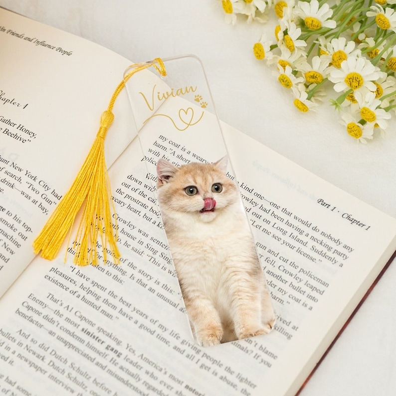 May include: A clear acrylic bookmark with a gold heart and paw print design. The bookmark features a photo of a white and orange cat with green eyes. The text "Vivian" is printed in gold on the bookmark.