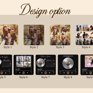 May include: An image displaying nine design options for personalised photo gifts. The styles include photo collages, calendar layouts, and music player interfaces. The text "Design option" is displayed at the top of the image.