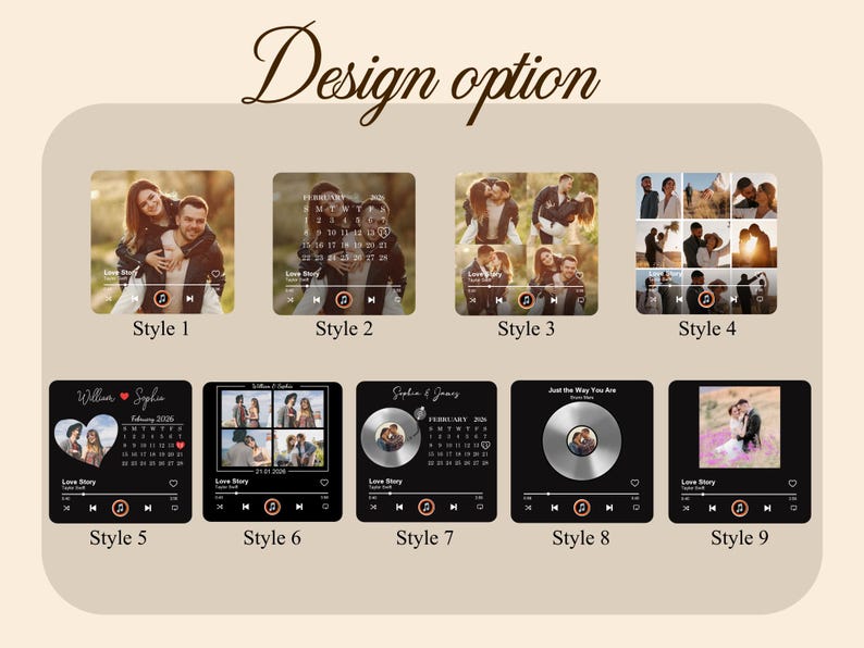 May include: An image displaying nine design options for personalised photo gifts. The styles include photo collages, calendar layouts, and music player interfaces. The text "Design option" is displayed at the top of the image.