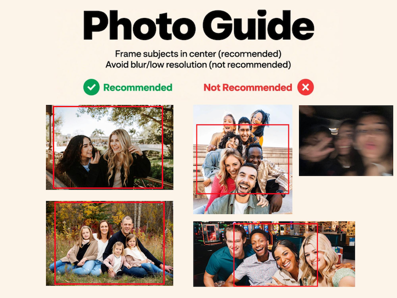 May include: A photo guide titled "Photo Guide" with instructions on framing subjects and avoiding blur. The guide uses examples to illustrate recommended and not recommended photo compositions, with a green tick and a red cross.