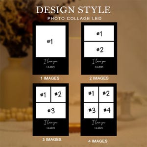 May include: A design guide for photo collage LED displays. The image presents four layouts for displaying photos, with options for 1, 2, 3, or 4 images. Each layout includes the text "I love you" and the date 1.6.2025.
