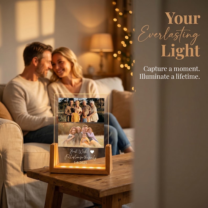 May include: A wooden photo frame displaying two family photographs, with the inscription "Best Wish! Full of love for the family 1.6.2025". The frame is lit from within, producing a warm light. The text "Your Everlasting Light" is also visible.