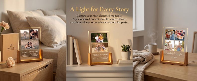 May include: A wooden-based photo display with a warm light, featuring family photos. The display reads "A Light for Every Story". The illuminated images create a cosy atmosphere. Ideal for home decoration.