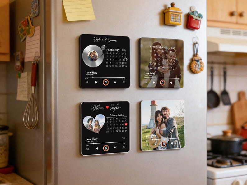 May include: Four square magnets with personalized designs are displayed on a refrigerator. Each magnet features a photo, a calendar, and a music player interface. The magnets are black and white with a modern aesthetic.