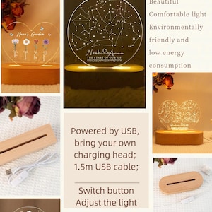 May include: Personalised night lights with a wooden base. One features a constellation design with a couple's names and date. Another has a heart shape with a star map. The text reads "Personalized Night Light".