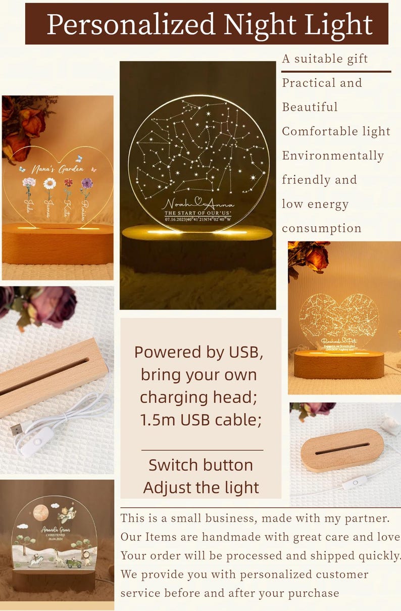 May include: Personalised night lights with a wooden base. One features a constellation design with a couple's names and date. Another has a heart shape with a star map. The text reads "Personalized Night Light".