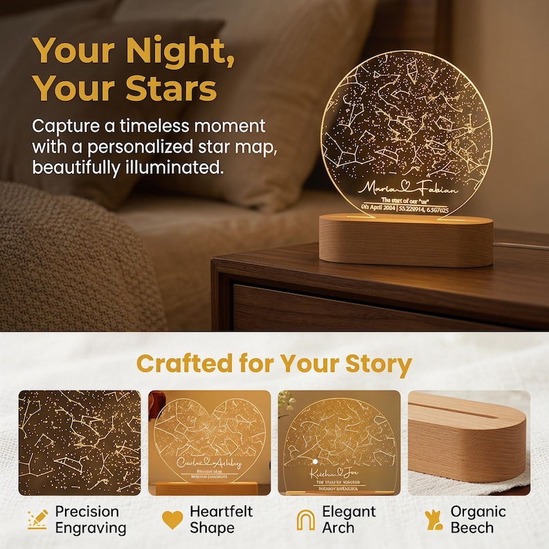 May include: A personalized star map night light with a wooden base. The clear acrylic disc displays a constellation design with a name and date. The text reads "Your Night, Your Stars" and "Crafted for Your Story".
