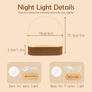 May include: A night light with a wooden base and a clear arched top. The dimensions are 6 inches wide, 7 inches tall, and 1.4 inches thick. The image includes details about the base for warm light and a 7-color light.
