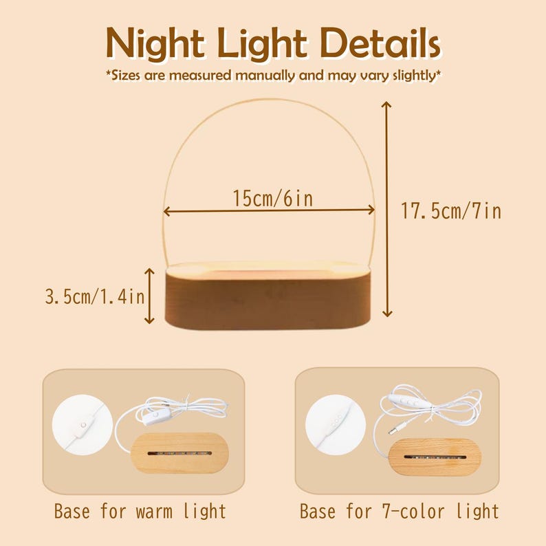May include: A night light with a wooden base and a clear arched top. The dimensions are 6 inches wide, 7 inches tall, and 1.4 inches thick. The image includes details about the base for warm light and a 7-color light.