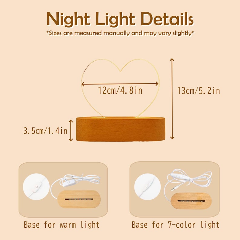 May include: A heart-shaped night light with a wooden base. The light is 5.2 inches tall and 4.8 inches wide. The base is 1.4 inches tall. The text "Night Light Details" is at the top of the image.