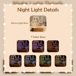 May include: A night light with a tractor design, labeled "Oliver." The image shows the night light with a warm-light base and a 7-color base option. The tractor is outlined in white, with the name "Oliver" displayed.