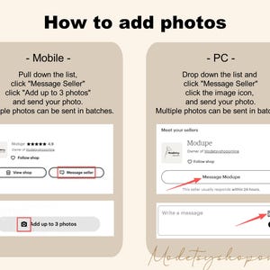 May include: An instructional graphic titled "How to add photos." It shows how to send photos to a seller on a mobile device and a PC. The mobile instructions show how to add up to 3 photos. The PC instructions show how to click the image icon.