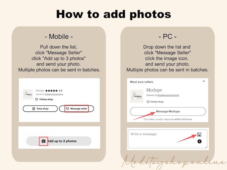 May include: An instructional graphic titled "How to add photos." It shows how to send photos to a seller on a mobile device and a PC. The mobile instructions show how to add up to 3 photos. The PC instructions show how to click the image icon.