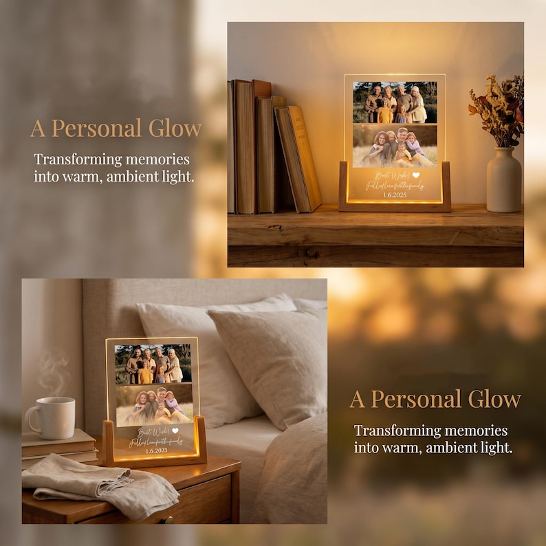 May include: A glowing acrylic photo display with a wooden base. It showcases two family photos and the text "Best Wishes" and "1.6.2025". The words "A Personal Glow" and "Transforming memories into warm, ambient light" are also visible.
