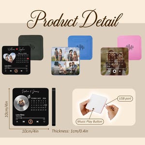 May include: An image showcasing personalized music players in various colours: black, green, blue, and pink. The square players measure 10cm by 10cm, with a thickness of 1cm. Features include a USB port and a music play button. The text reads 'Product Detail'.