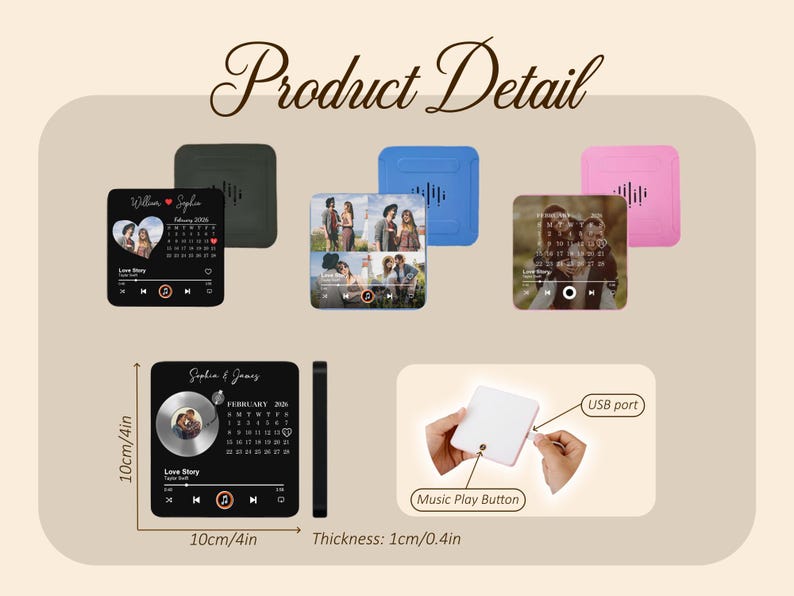 May include: An image showcasing personalized music players in various colours: black, green, blue, and pink. The square players measure 10cm by 10cm, with a thickness of 1cm. Features include a USB port and a music play button. The text reads 'Product Detail'.