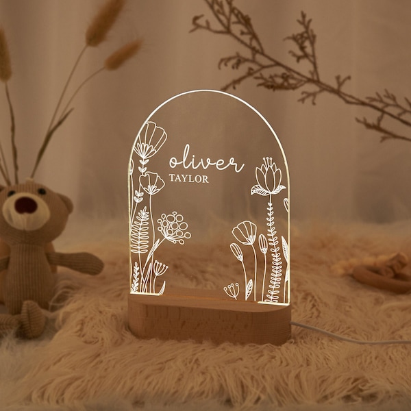 Personalized LED Night,Girls Ladies Mom Flowers,Design Home Room Decor,Gift For Her,Night Light Baby GiftS,Wild Flowers,Baby Name Sign Lamp