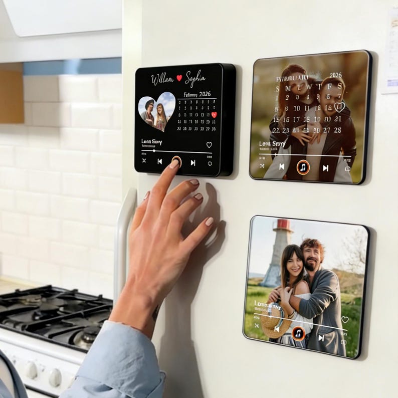May include: Three personalized photo magnets with a music player interface. One black magnet displays a couple's photo, a calendar for February 2026, and the names "Willen & Sophia." The other two magnets feature photos of couples with a music player interface.