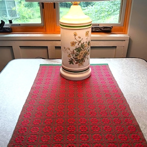 Handwoven Floral Table Runner, Overshot Woven Runner, Red & Green, 100% Cotton