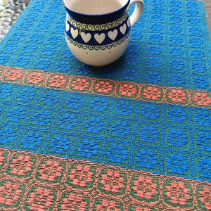 Handwoven Floral Table Runner, Overshot Woven Runner, Burnt Sienna, Blue & Green, 100% Cotton