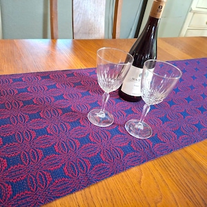 Elegant Handwoven Table Runner, 100% Cotton, Woven Overshot Runner, Red & Navy