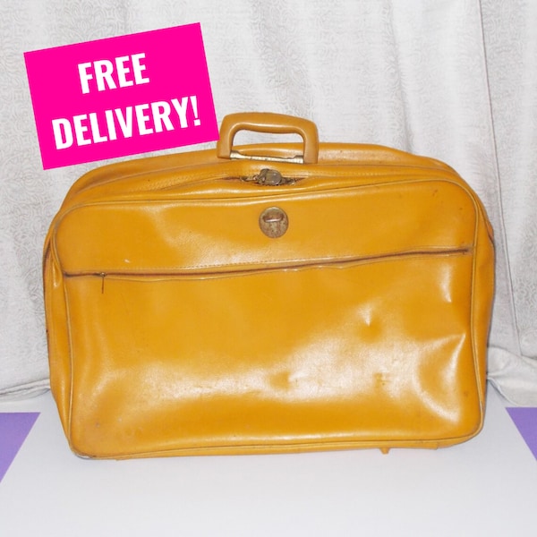 Vintage Suitcase Bag - Mustard Yellow Leatherette - Medium Size