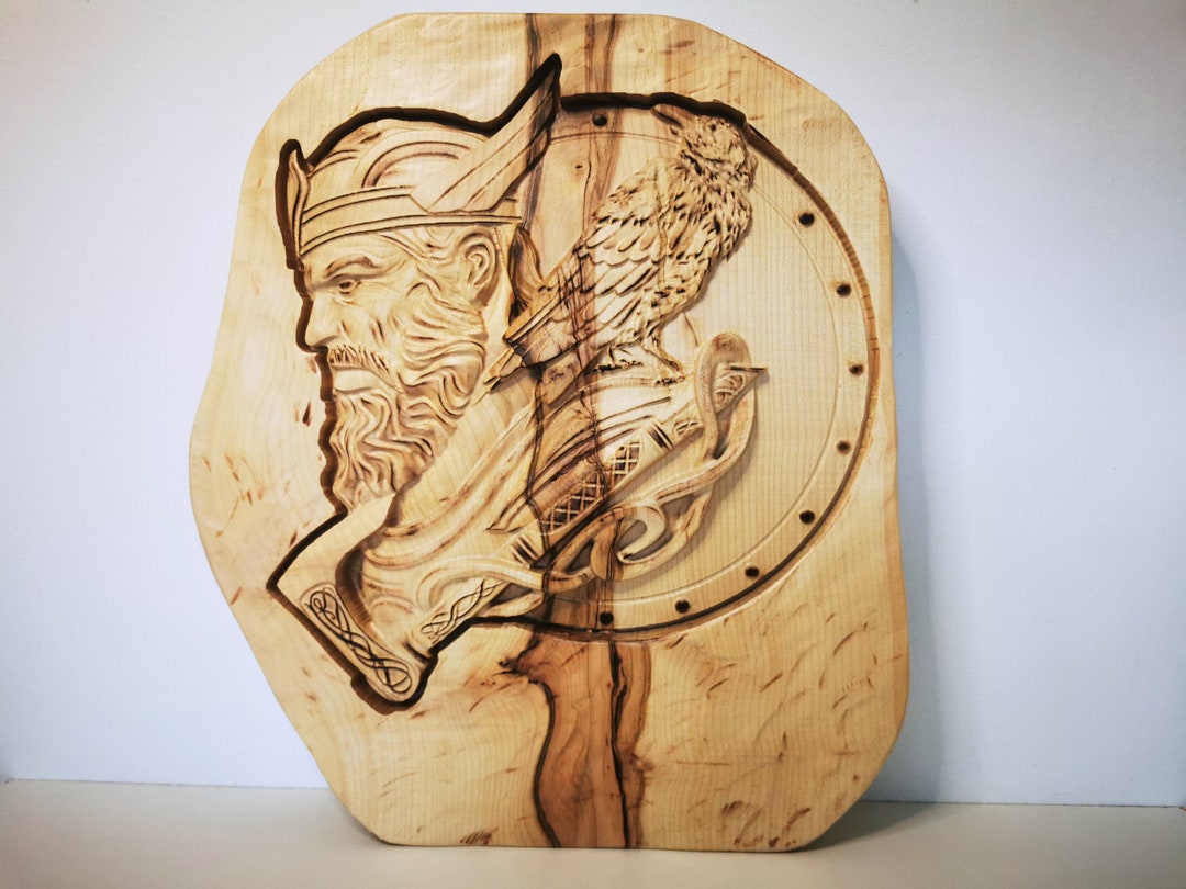 3D V Carving Picture of Nordic God Odin, Wooden Portrait of Viking God
