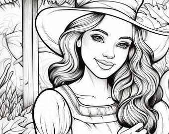 May include: A black and white line drawing of a woman wearing a hat and a dress. She is standing in front of a wooden structure with pumpkins and leaves.