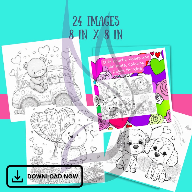 Hearts, Roses, and Animal Coloring Pages for Kids - Etsy
