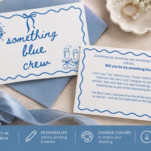 May include: Two white rectangular cards with blue scalloped borders and blue text. One card features a disco ball, two champagne flutes, and the text "something blue crew". The other card contains a printed message and two heart-shaped charms.