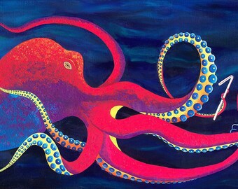 タコ（Octopus Vulgaris）ジクレー版画、A4、A3、またはA2 - 水中壁画