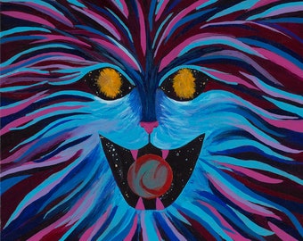 May include: A blue cat with a wide open mouth, showing sharp teeth, and a red sphere in its mouth. The cat's eyes are yellow and have a galaxy-like pattern inside. The cat's fur is a mix of blue, purple, and pink.