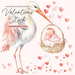Valentine Baby Stork Clipart | Stork Baby Shower Clipart | Stork with Baby | Watercolor Stork | Nursery Decor | Junk Journal