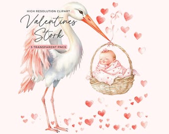 Valentine Baby Stork Clipart | Stork Baby Shower Clipart | Stork with Baby | Watercolor Stork | Nursery Decor | Junk Journal