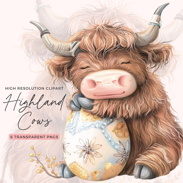 Easter Storybook Highland Cow Clipart | Easter Highland Cow Clipart | Easter Clipart Bundle | Cute Highland Cow PNG | Junk Journal