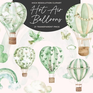 Aquarel heteluchtballon clipart groen | Groene heteluchtballonnen png | Afbeeldingen heteluchtballon | Clipart babyshower | Kinderkamerdecoratie