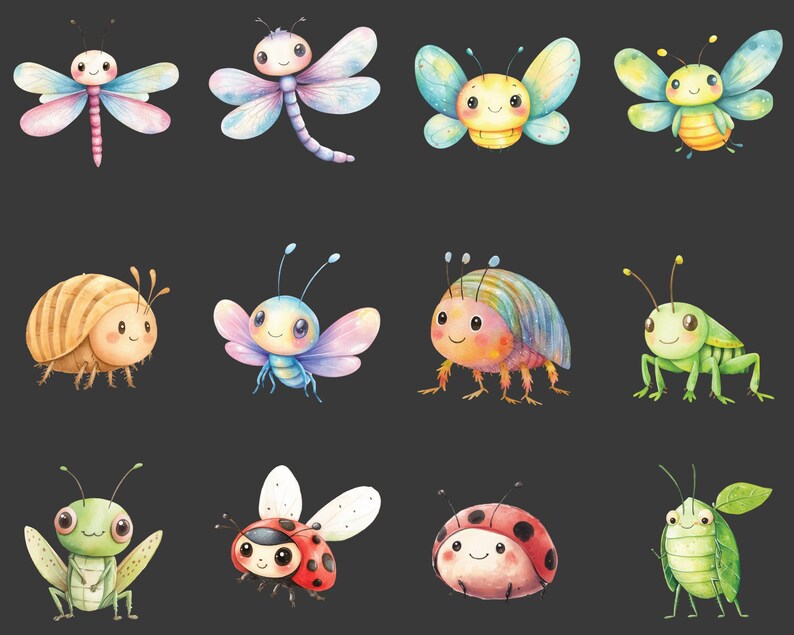 May include: A collection of colorful cartoon insects, including butterflies, ladybugs, dragonflies, and grasshoppers. The insects are drawn in a whimsical style with bright colors and playful expressions.