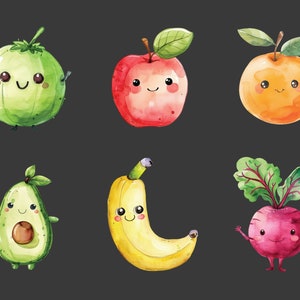 May include: A set of six watercolor illustrations of fruits and vegetables with cute cartoon faces. The illustrations include a green apple, a red apple, an orange, a banana, an avocado, and a beet.