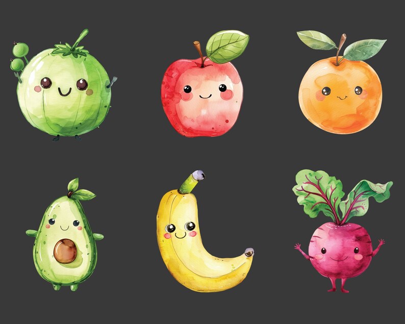 May include: A set of six watercolor illustrations of fruits and vegetables with cute cartoon faces. The illustrations include a green apple, a red apple, an orange, a banana, an avocado, and a beet.